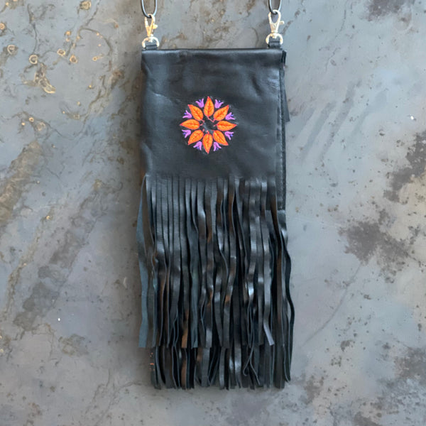 Embroidered Black Flower Clip Bag