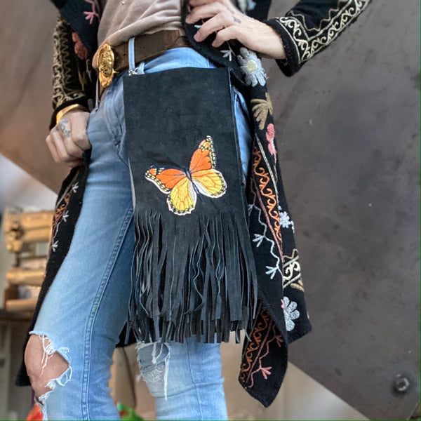 Embroidered Black Butterfly Clip Bag